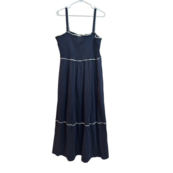 Boden Navy Smocked Trim‎ Maxi  Dress Tiered Ruffle Trim Empire Waist Size 16/18 - Picture 2 of 9